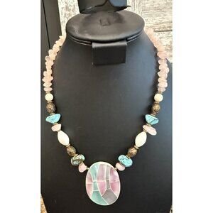 Vintage Rose Quartz Shell Necklace Lee Sands Mother of Pearl Inlay Gorgeous